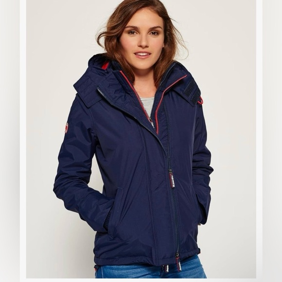 Superdry Womens Pop Zip Hooded Arctic Navy and Red Jacket Size Small - Picture 1 of 14
